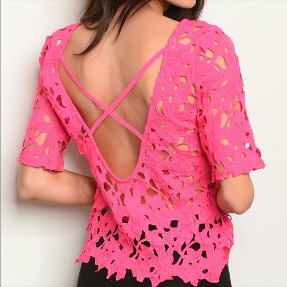 Angela Fashions Fuchsia Pink Crochet Criss Cross Back Lace Top NWOT - Picture 3 of 11